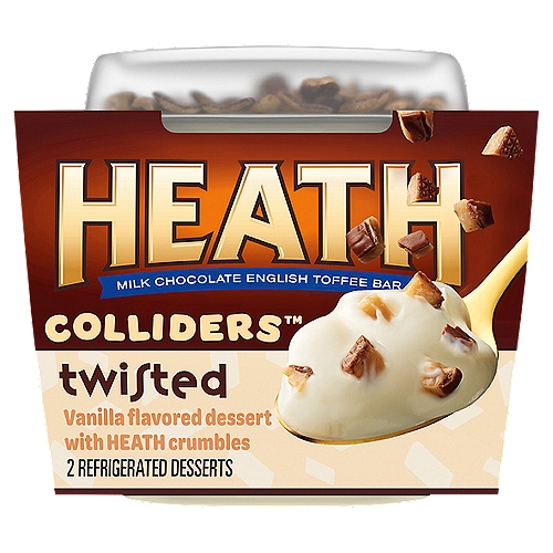 COLLIDERS™ Twisted HEATH Refrigerated Dessert, 2 ct Pack
Vanilla Flavored Dessert with Heath Crumbles with Other Natural Flavor

COLLIDERS™ Twisted HEATH Refrigerated Dessert takes your favorite HEATH candy flavor and turns it into a cool, creamy spoonable dessert. Enjoy our vanilla flavored dessert topped with pieces of HEATH candy in seconds. Just open the vanilla dessert, pour the HEATH crumbles on top, mix and enjoy. Made with real cream and sugar. Dig into a collision of flavors and textures all in one delicious dessert. Perfect as both a daytime sweet treat or after dinner dessert. Each of the two COLLIDERS™ Twisted HEATH desserts come in a convenient single-serve cup for easy enjoyment anywhere.