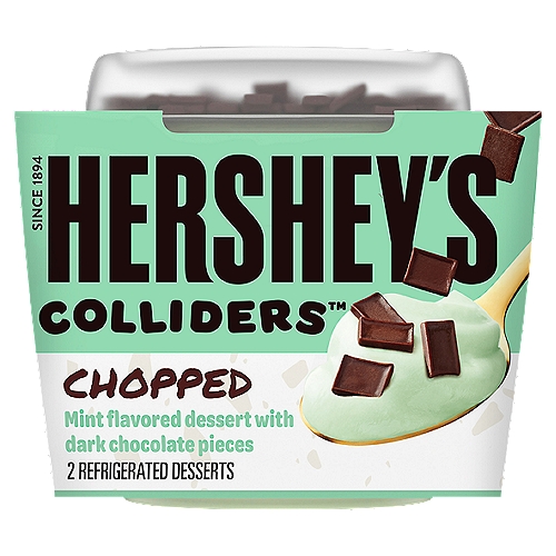 COLLIDERS™ Chopped HERSHEY'S Mint Refrigerated Dessert, 2 ct Pack
Mint Flavored Dessert with Dark Chocolate Pieces

COLLIDERS™ Chopped HERSHEY'S Mint Refrigerated Dessert with takes your favorite HERSHEY'S Mint candy flavor and turns it into a cool, creamy spoonable dessert. Enjoy our mint flavored dessert topped with chopped pieces of dark chocolate candy in seconds. Just open the mint dessert, pour the dark chocolate pieces on top, mix and enjoy. Made with real cream and sugar. Dig into a collision of flavors and textures all in one delicious dessert. Perfect as both a daytime sweet treat or after dinner dessert. Each of the two COLLIDERS™ Chopped HERSHEY'S Mint candy desserts come in a convenient single-serve cup for easy enjoyment anywhere.