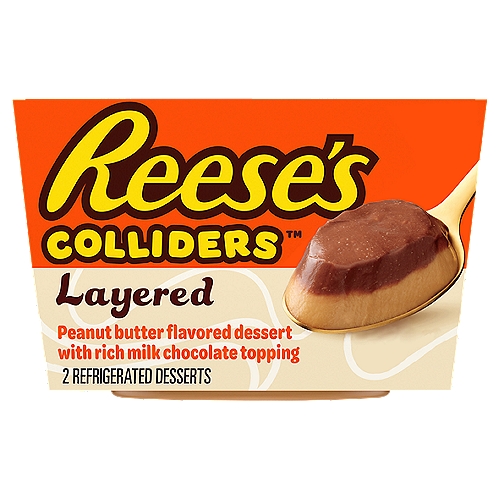 COLLIDERS™ Layered REESE'S Refrigerated Dessert, 2 ct Pack
Peanut Butter Flavored Dessert with Rich Milk Chocolate Topping with Other Natural Flavor

COLLIDERS™ Layered REESE'S Refrigerated Dessert takes your favorite REESE'S candy flavor and turns it into a cool, creamy spoonable dessert. Enjoy our peanut butter flavored dessert with a layer of rich milk chocolate topping in seconds. Just open the peanut butter dessert with rich milk chocolate topping, and enjoy. Made with real cream and sugar. Dig into a collision of flavors and textures all in one delicious dessert. Perfect as both a daytime sweet treat or after dinner dessert. Each of the two COLLIDERS™ Layered REESE'S desserts come in a convenient single-serve cup for easy enjoyment anywhere.