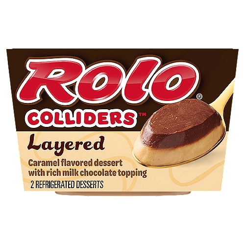 COLLIDERS™ Layered ROLO® Refrigerated Dessert, 2 ct Pack
Caramel Flavored Dessert with Rich Milk Chocolate Topping

COLLIDERS™ Layered ROLO® Refrigerated Dessert takes your favorite ROLO® candy flavor and turns it into a cool, creamy spoonable dessert. Enjoy our caramel flavored dessert with a layer of rich milk chocolate topping in seconds. Just open the caramel dessert with rich milk chocolate topping, and enjoy. Made with real cream and sugar. Dig into a collision of flavors and textures all in one delicious dessert. Perfect as both a daytime sweet treat or after dinner dessert. Each of the two COLLIDERS™ Layered ROLO® desserts come in a convenient single-serve cup for easy enjoyment anywhere.