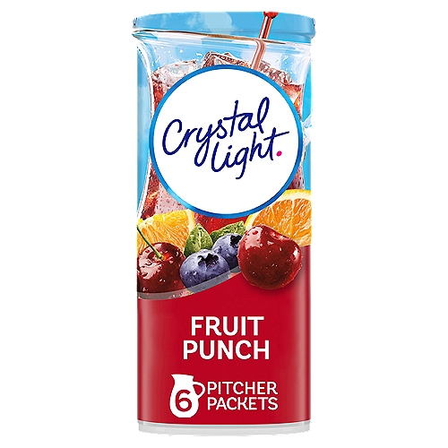 Crystal Light Artificially Flavored Fruit Punch Powdered Drink Mix is a refreshing beverage you can enjoy at any time of day. With zero grams of sugar and only 5 calories per serving, Crystal Light is a sweet alternative to juice and soda and has 90 percent fewer calories than leading beverages (this product 5 calories, leading beverages 70 calories), so you don't have to choose between taste and calories. It offers a classic fruit punch flavor for a refreshing taste. Each pitcher packet of powdered fruit punch mix in this 6 count canister is perfectly portioned to make 2 quarts or 1 pitcher of Crystal Light, so there's plenty to share with family and friends. Simply mix one packet of fruit punch powder with 8 cups or 2 quarts of water, stir, and enjoy! All the flavor and only 5 calories... just the way you like it.nn• One 6 ct. canister of Crystal Light Artificially Flavored Fruit Punch Powdered Drink Mixn• Crystal Light Artificially Flavored Fruit Punch Powdered Drink Mix delivers low calorie refreshmentn• Each pitcher packet makes 5 servings or one 2-quart pitchern• Made with zero sugar and 5 calories per serving for guilt-free refreshmentn• Classic fruit punch flavor for a refreshing tasten• 90 percent fewer calories than leading beverages; this product 5 calories, leading beverages 70 caloriesn• Comes in a variety of sizes for all your beverage needs