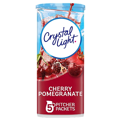 Crystal Light Cherry Pomegranate Naturally Flavored Powdered Drink Mix, 5 ct Pitcher Packets
Crystal Light Naturally Flavored Cherry Pomegranate Powdered Drink Mix is a refreshing beverage you can enjoy at any time of day. With zero grams of sugar and 10 calories per serving, Crystal Light is a sweet alternative to juice and soda and has 90 percent fewer calories than leading beverages (this product 10 calories, leading beverages 70 calories), so you don't have to choose between taste and calories. It's also made with natural flavors for a refreshing fruity taste. Each pitcher packet of powdered fruit drink mix in this 5 count canister is perfectly portioned to make 2 quarts or 1 pitcher of Crystal Light sugar free fruit drink, so there's plenty to share with family and friends. Simply mix one fruit drink packet with 8 cups or 2 quarts of water, stir, and enjoy! All the flavor and only 10 calories... just the way you like it.

• One 5 ct. canister of Crystal Light Naturally Flavored Cherry Pomegranate Powdered Drink Mix
• Crystal Light Naturally Flavored Cherry Pomegranate Powdered Drink Mix delivers low calorie refreshment
• Each pitcher packet makes 5 servings or one 2-quart pitcher
• Made with zero sugar and 10 calories per serving for guilt-free refreshment
• Made with natural flavors for a refreshing fruity taste
• 90 percent fewer calories than leading beverages; this product 10 calories, leading beverages 70 calories
• Comes in a variety of sizes for all your beverage needs