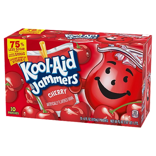 Kool-Aid Jammers Cherry Artificially Flavored Drink, 6 fl oz, 10 count
Per 12 Fl Oz, this Product 10g Total Sugar; Leading Regular Sodas 40g Total Sugar.