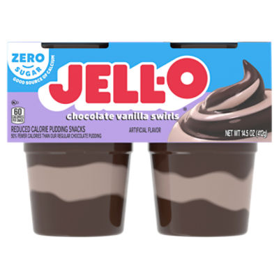 JELL-O Zero Sugar Chocolate Vanilla Swirls Pudding Snack Cups, 4 ct