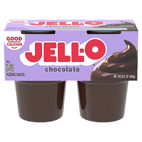 Jell-O Original Chocolate Ready-to-Eat Pudding Cups Snack, 4 ct Cups
JELL-O Chocolate Pudding is a delicious ready to eat, on the go pudding. Our sinfully smooth chocolate pudding comes in individual snack cups, perfect for packing in a lunchbox or snacking at home. Both kids and adults love our scrumptious snack. JELL-O Pudding is made with milk and contains 120 calories per serving. Every chocolate pudding cup is made without high fructose corn syrup and contains no artificial preservatives or sweeteners. Each 15.5-ounce sleeve contains four chocolate pudding cups for quick and easy snacking. 

• One 4 ct. sleeve pack of JELL-O Ready to Eat Chocolate Pudding Cups
• JELL-O Chocolate Pudding is a delicious on the go pudding
• JELL-O cups are a pudding snack made with milk
• JELL-O Pudding contains no high fructose corn syrup
• JELL-O Chocolate Pudding has no artificial preservatives or sweeteners
• 120 calories per serving
• Individual JELL-O Cups are perfect for lunchboxes or at-home snacking