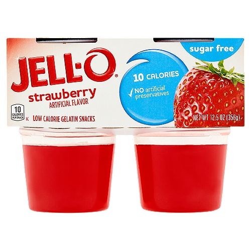 JELL-O Sugar Free Strawberry Gelatin Cups deliver the great taste of JELL-O Gelatin in a low-calorie choice. Our delicious on the go gelatin comes in individual snack cups, perfect for putting into a lunchbox or snacking at home. All jiggly JELL-O Cups make a scrumptious snack for kids and adults. The fruity strawberry gelatin is fat free and sugar free, with 10 calories per serving. Every strawberry gelatin cup is made without artificial preservatives or high fructose corn syrup and is great for those keeping Kosher. Each 12.5-ounce sleeve contains four JELL-O Strawberry Gelatin cups for quick and easy snacking.nn• One four ct. sleeve pack of JELL-O Sugar Free Ready to Eat Strawberry Gelatin Cupsn• JELL-O Sugar Free Strawberry Gelatin Cups are a delicious on the go snackn• Enjoy a fat free snackn• Sugar free gelatin with 10 calories per servingn• Strawberry JELL-O Cups contain no artificial preservatives or high fructose corn syrupn• Individual JELL-O Cups are perfect for lunchboxes or at-home snackingn• Each gelatin cup is sealed