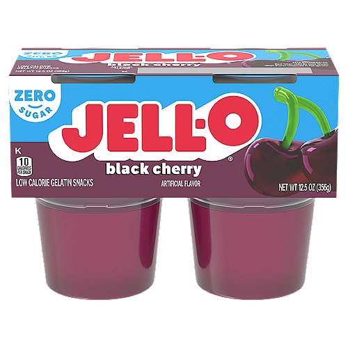 Jell-O Black Cherry Sugar Free Ready-to-Eat Jello Cups Gelatin Snack, 4 ct Cups
JELL-O Sugar Free Black Cherry Gelatin Cups deliver the great taste of JELL-O Gelatin in a low-calorie choice. Our delicious on the go gelatin comes in individual snack cups, perfect for putting into a lunchbox or snacking at home. All jiggly JELL-O Cups make a scrumptious snack for kids and adults. The fruity black cherry gelatin is fat free and sugar free, with 10 calories per serving. Every black cherry gelatin cup is made without artificial preservatives or high fructose corn syrup and is great for those keeping Kosher. Each 12.5-ounce sleeve contains four JELL-O Black Cherry Gelatin Cups for quick and easy snacking.

• One four ct. sleeve pack of JELL-O Sugar Free Ready to Eat Black Cherry Gelatin Cups
• JELL-O Sugar Free Black Cherry Gelatin Cups are a delicious on the go snack
• Enjoy a fat free snack
• Sugar free gelatin with 10 calories per serving
• Black Cherry JELL-O Cups contain no artificial preservatives or high fructose corn syrup
• Individual JELL-O Cups are perfect for lunchboxes or at-home snacking
• Each gelatin cup is sealed