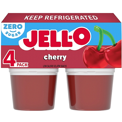 Jell-O Zero Sugar Cherry Low Calorie Gelatin Snacks, 4 count, 12.5 oz