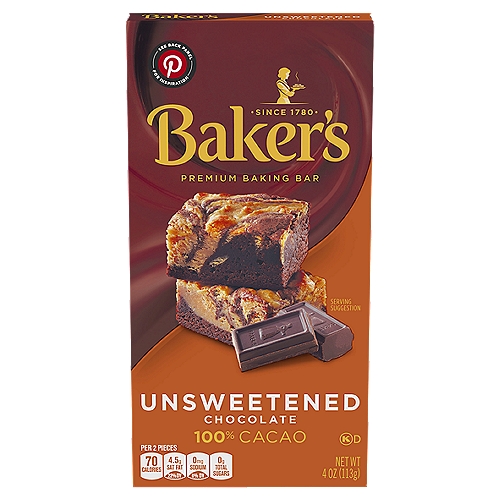 Baker's Unsweetened Chocolate Premium Baking Bar, 4 oz