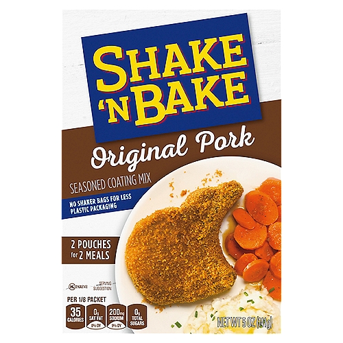 Shake 'N Bake Original Pork Seasoned Coating Mix, 2 ct Packets
Kraft Shake 'N Bake Original Pork Seasoned Coating Mix adds a crispy crust to your pork without the mess of frying for a quick home-style meal. This crispy coating is perfectly seasoned with savory flavors for a delicious, irresistible crunch. For simple prep, moisten the pork, shake it in the coating and bake it until it's fully cooked. Use it with bone-in or boneless pork to make crispy baked pork chops, a crispy pork tenderloin sandwich or Parmesan pork chops. Each 5 ounce box contains two pouches of pork coating, so you can enjoy more than one family dinner over oven baked crispy pork. This extra-crispy pork seasoning is all you need to take your home-style pork from good to incredible.

• One 5 oz. box of Kraft Shake 'N Bake Original Pork Seasoned Coating Mix
• Kraft Shake 'N Bake Original Pork Seasoned Coating Mix creates crispy pork without frying
• Add classic savory flavor to your pork with perfectly seasoned coating mix
• Ideal for crispy pork sandwiches, Parmesan pork chops and other dishes
• Packaged in two pouches for more than one meal
• Make a home cooked meal easily by coating and baking the pork
• Certified Kosher seasoned coating mix