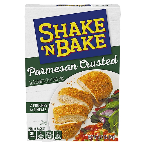 Shake 'N Bake Parmesan Crusted Seasoned Coating Mix, 2 ct Packets
Kraft Shake 'N Bake Parmesan Crusted Seasoned Coating Mix adds a crispy crust to your chicken or pork without the mess of frying for a quick home-style meal. This crispy coating is perfectly seasoned with savory flavors for a delicious, irresistible crunch. For simple prep, moisten the chicken or pork, shake it in the coating and bake it until it's fully cooked. Use it with bone-in or boneless chicken or pork to make crispy baked chicken, a crispy chicken sandwich or easy chicken nuggets. Or get creative with Parmesan potato wedges, veal Parmesan or eggplant Parmesan. Each 4.75 ounce box contains two pouches of coating mix, so you can enjoy more than one family dinner over oven baked crispy chicken or pork. This extra-crispy seasoning is all you need to take your home-style chicken and pork from good to incredible.

• One 4.75 oz. box of Kraft Shake 'N Bake Parmesan Crusted Seasoned Coating Mix
• Kraft Shake 'N Bake Parmesan Crusted Seasoned Coating Mix creates crispy chicken without frying
• Add classic savory flavor to your chicken or pork with perfectly seasoned coating mix
• Ideal for chicken nuggets, crispy chicken sandwiches, chicken Parmesan and other dishes
• Packaged in two pouches for more than one meal
• Make a home cooked meal easily by coating and baking the chicken or pork
• Certified Kosher seasoned coating mix