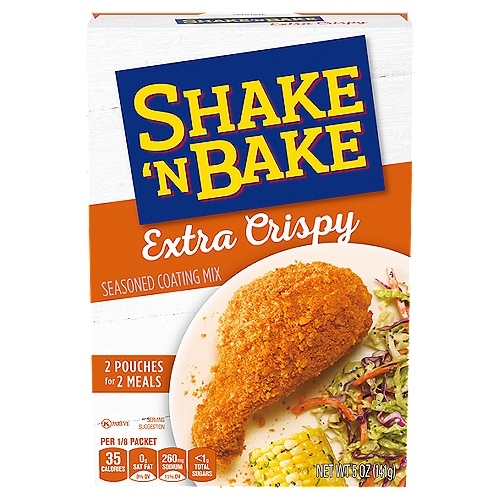 Shake 'N Bake Extra Crispy Seasoned Coating Mix, 2 ct Packets
Kraft Shake 'N Bake Extra Crispy Seasoned Coating Mix adds a crispy crust to your chicken without the mess of frying for a quick home-style meal. This crispy coating is perfectly seasoned with savory flavors for a delicious, irresistible crunch. For simple prep, moisten the chicken, shake it in the coating and bake it until it's fully cooked. Use it with bone-in or boneless chicken to make crispy baked chicken, a crispy chicken sandwich or easy chicken nuggets. Each 5 ounce box contains two pouches of chicken coating, so you can enjoy more than one family dinner over oven baked crispy chicken. This extra-crispy chicken seasoning is all you need to take your home-style chicken from good to incredible.

• One 5 oz. box of Kraft Shake 'N Bake Extra Crispy Seasoned Coating Mix
• Kraft Shake 'N Bake Extra Crispy Seasoned Coating Mix creates crispy chicken without frying
• Add classic savory flavor to your chicken with perfectly seasoned coating mix
• Ideal for chicken nuggets, crispy chicken sandwiches, chicken Parmesan and other dishes
• Packaged in two pouches for more than one meal
• Make a home cooked meal easily by coating and baking the chicken
• Certified Kosher seasoned coating mix
