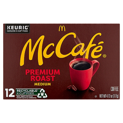 McCafé Premium Roast Medium Coffee K-Cup Pods, 12 count, 4.12 oz
Brighten your day with McCafé®, a simply delicious coffee that keeps good going. Brew good by the cupful.

Quality
We start with premium Arabica beans, then expertly roast in a temperature-controlled environment to bring out the best taste, every time.

Premium Roast
Bring the deliciously familiar taste from McCafé® into the comfort of your own home. This medium roast blend is simply satisfying with a rich aroma, smooth body and clean finish.