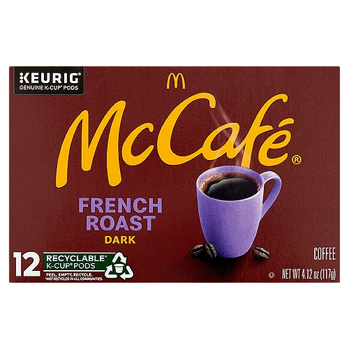 McCafé French Roast Dark Coffee K-Cup Pods, 12 count, 4.12 oz
Brighten your day with McCafé®, a simply delicious coffee that keeps good going. Brew good by the cupful.

Quality
We start with premium Arabica beans, then expertly roast in a temperature-controlled environment to bring out the best taste, every time.

French Roast
Be bold with every sip of this deliciously dark roasted blend. It boasts an intense aroma and has hints of dark cocoa flavor.