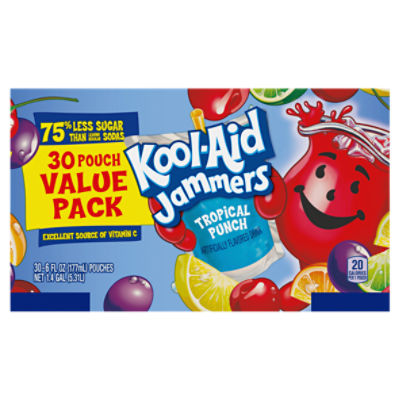 Kool-Aid Jammers Tropical Punch Flavored 0% Juice Drink Value Pack, 30 ct Box, 6 fl oz Pouches