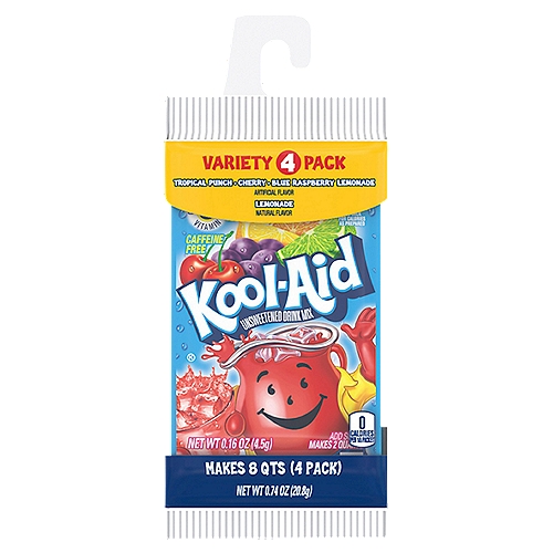 Kool-Aid Variety Pack, Tropical Punch, Cherry, Blue Raspberry Lemonade & Lemonade, 4 Pack
Quench your thirst with the refreshing taste of Kool-Aid Unsweetened Powdered Drink Mix. Our variety 4-pack contains tropical punch, cherry, blue raspberry lemonade and lemonade flavor packets. Unsweetened powdered drink mix makes it simple to prepare a fruity drink with ease. A great choice for the whole family, each powder drink mix is caffeine-free and a good source of vitamin C. Our variety pack of unsweetened drink mix ensures you have options ready to make a refreshing beverage. To prepare, empty the contents of our powdered drink mix into a plastic or glass pitcher. Add ice and water, and 1 cup of sugar or your sweetener of your choice. Stir for a perfect 2 quart supply of tasty Kool-Aid.

• A variety pack of 4 Kool-Aid Unsweetened Drink Mix packets containing one each of tropical punch, cherry, blue raspberry lemonade and lemonade
• Each packet of Kool-Aid powdered drink mix makes one 2 quart pitcher
• Our powder drink mix packets make it easy to prepare a tasty beverage by simply mixing with water and sugar
• Every powder drink packet is bursting with refreshing flavor
• Unsweetened Kool-Aid drink mix powder is a good source of vitamin C and contains no caffeine