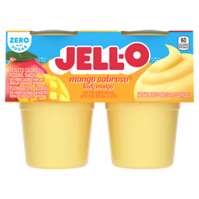 Jell-O Zero Sugar Tasty Mango Reduced Calorie Pudding Snacks, 4 count, 14.5 oz