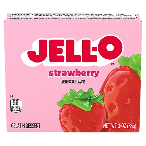 Jell-O Strawberry Gelatin Dessert Mix, 3 oz Box
Jell-O Strawberry Instant Gelatin Mix is an easy to make strawberry flavored dessert. Perfect for cooling off on a hot day, this mouthwatering treat delivers the classic refreshingly sweet strawberry taste you know and love. With no artificial sweeteners and no high fructose corn syrup and fat free, this dessert is one you can feel good about sharing with your family. This 3 ounce package makes four 1/2-cup servings so you can prepare enough for the whole family. It's easy to make a tasty dessert for kids or adults Simply mix the gelatin with boiling water, stir in cold water, and refrigerate until set.

• One 3 oz. box of Jell-O Strawberry Instant Gelatin Mix
• Jell-O Strawberry Instant Gelatin Mix is an easy to make strawberry flavored dessert
• Fat free gelatin powder contains no artificial sweeteners and no high fructose corn syrup
• Individually packaged in a sealed pouch
• Gelatin dessert is easy to make — just stir the mix with boiling and cold water and refrigerate
• Package makes four 1/2-cup servings
• Makes a delicious dessert