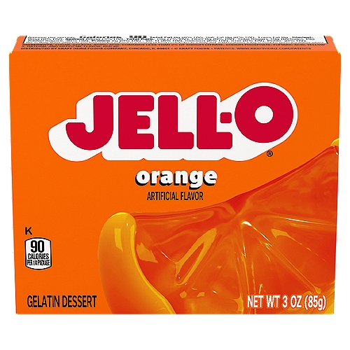 Jell-O Orange Gelatin Dessert Mix, 3 oz Box
Jell-O Orange Instant Gelatin Mix is an easy to make orange flavored dessert. Perfect for cooling off on a hot day, this mouthwatering treat delivers the classic refreshingly sweet and citrusy orange taste you know and love. With no artificial sweeteners and no high fructose corn syrup, this dessert is one you can feel good about sharing with your family. This 3 ounce package makes four 1/2-cup servings so you can prepare enough for the whole family. It's easy to make a tasty dessert for kids or adults Simply mix the orange flavored gelatin mix with boiling water, stir in cold water and refrigerate until set.

• One 3 oz. box of Jell-O Orange Instant Gelatin Mix
• Jell-O Orange Instant Gelatin Mix is an easy to make orange flavored dessert
• Gelatin powder contains no artificial sweeteners and no high fructose corn syrup
• Individually packaged in a sealed pouch
• Gelatin dessert is easy to make — just stir the mix with boiling and cold water and refrigerate
• Package makes four 1/2-cup servings
• Makes a delicious dessert