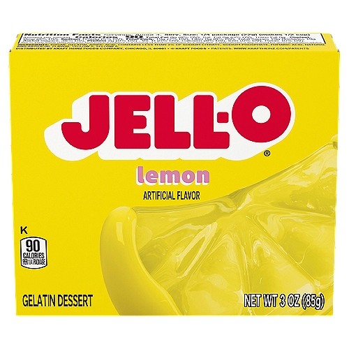 Jell-O Lemon Gelatin Dessert Mix, 3 oz Box
Jell-O Lemon Instant Gelatin Mix is an easy to make lemon flavored dessert. Perfect for cooling off on a hot day, this mouthwatering treat delivers the classic refreshingly sweet and citrusy lemon taste you know and love. With no artificial sweeteners and no high fructose corn syrup and fat free, this dessert is one you can feel good about sharing with your family. This 3 ounce package makes four 1/2-cup servings so you can prepare enough for the whole family. It's easy to make a tasty dessert for kids or adults Simply mix the lemon flavored gelatin mix with boiling water, stir in cold water and refrigerate until set.

• One 3 oz. box of Jell-O Lemon Instant Gelatin Mix
• Jell-O Lemon Instant Gelatin Mix is an easy to make lemon flavored dessert
• Fat free gelatin powder contains no artificial sweeteners and no high fructose corn syrup
• Individually packaged in a sealed pouch
• Gelatin dessert is easy to make — just stir the mix with boiling and cold water and refrigerate
• Package makes four 1/2-cup servings
• Makes a delicious dessert