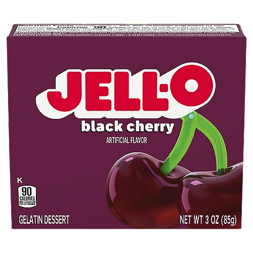 Jell-O Black Cherry Gelatin Dessert Mix, 3 oz Box
Jell-O Black Cherry Instant Gelatin Mix is an easy to make black cherry flavored dessert. Perfect for cooling off on a hot day, this mouthwatering treat delivers the classic refreshingly sweet black cherry taste you know and love. With no artificial sweeteners and no high fructose corn syrup and fat free, this dessert is one you can feel good about sharing with your family. This 3 ounce box makes four 1/2-cup servings so you can prepare enough for the whole family. It's easy to make a tasty dessert for kids or adults. Simply mix the black cherry flavored gelatin mix with boiling water, stir in cold water and refrigerate until set.

• One 3 oz. box of Jell-O Black Cherry Instant Gelatin Mix
• Jell-O Black Cherry Instant Gelatin Mix is an easy to make black cherry flavored dessert
• Fat free gelatin powder contains no artificial sweeteners and no high fructose corn syrup
• Individually packaged in a sealed pouch
• Gelatin dessert is easy to make — just stir the mix with boiling and cold water and refrigerate
• Package makes four 1/2-cup servings
• Makes a delicious dessert