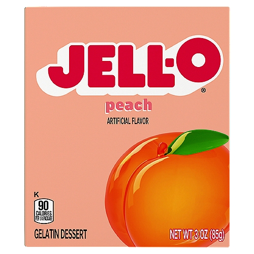 Jell-O Peach Gelatin Dessert Mix, 3 oz Box
Jell-O Peach Instant Gelatin Mix is an easy to make peach flavored dessert. Perfect for cooling off on a hot day, this mouthwatering treat delivers the classic refreshingly sweet peach taste you know and love. With no artificial sweeteners and no high fructose corn syrup and fat free, this dessert is one you can feel good about sharing with your family. This 3 ounce box makes four 1/2-cup servings so you can prepare enough for the whole family. It's easy to make a tasty dessert for kids or adults. Simply mix the peach flavored gelatin mix with boiling water, stir in cold water and refrigerate until set.

• One 3 oz. box of Jell-O Peach Instant Gelatin Mix
• Jell-O Peach Instant Gelatin Mix is an easy to make peach flavored dessert
• Fat free gelatin powder contains no artificial sweeteners and no high fructose corn syrup
• Individually packaged in a sealed pouch
• Gelatin dessert is easy to make — just stir the mix with boiling and cold water and refrigerate
• Package makes four 1/2-cup servings
• Makes a delicious dessert