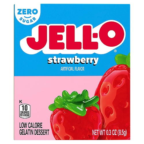 Jell-O Strawberry Sugar Free Gelatin Dessert Mix, 0.3 oz Box
Jell-O Sugar Free Strawberry Instant Gelatin Mix packs all the flavor without the sugar into a convenient mix for quick, easy preparation. Delicious strawberry flavor makes this sugar free gelatin a refreshing treat perfect for everyday snacking or special occasions. This strawberry gelatin is fat free per serving and also a low-calorie option at 10 calories per serving. Whether you serve it as a gelatin low calorie dessert or use it in a strawberry gelatin cake or gelatin drink, you can feel good about sharing with your family. Simply mix the 0.3 ounce box of strawberry gelatin mix with boiling water, add cold water, and refrigerate to set. Each box of gelatin mix makes four 1/2 cup servings.

• One 0.3 oz. box of Jell-O Sugar Free Strawberry Instant Gelatin Mix
• Jell-O Sugar Free Strawberry Instant Gelatin Mix is a tasty sugar-free dessert that's easy to make
• Fat free per serving gelatin makes a good snack option
• This low calorie gelatin contains 10 calories per serving
• Packaged in a sealed pouch
• Each box makes four 1/2 cup servings for sharing
• Makes for a delicious dessert