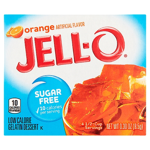 Jell-O Orange Sugar Free Gelatin Dessert Mix, 0.3 oz Box
Jell-O Sugar Free Orange Instant Gelatin Mix packs all the flavor without the sugar into a convenient mix for quick, easy preparation. Delicious orange flavor makes this sugar free gelatin a refreshing treat perfect for everyday snacking or special occasions. This orange gelatin mix is fat free per serving and also a low calorie option at 10 calories per serving. Whether you serve it as an orange flavored gelatin dessert in a gelatin mold or add chunks of fruit to make a fruit dessert, you can feel good about sharing with your family. Simply mix the gelatin powder with boiling water, add cold water, and refrigerate to set. Each 0.3 ounce box of gelatin mix makes four servings.

• One 0.3 oz. box of Jell-O Sugar Free Orange Instant Gelatin Mix
• Jell-O Sugar Free Orange Instant Gelatin Mix is a delicious sugar free dessert that's easy to make
• Fat free per serving gelatin makes a good snack option
• This low calorie gelatin contains 10 calories per serving
• Packaged in a sealed pouch
• Each box makes four servings for sharing
• Makes for delicious quick desserts or a low calorie snack