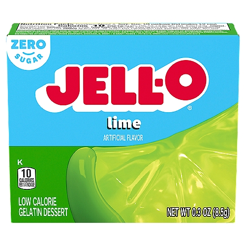 Jell-O Lime Sugar Free Gelatin Dessert Mix, 0.3 oz Box
Jell-O Sugar Free Lime Instant Gelatin Mix packs all the flavor without the sugar into a convenient mix for quick, easy preparation. Delicious lime gelatin flavor makes this sugar free gelatin a refreshing treat perfect for everyday snacking or special occasions. This lime flavored gelatin is fat free per serving and also a low calorie option at 10 calories per serving. Whether you serve it as a gelatin dessert or use it in key lime pie or another lime dessert, you can feel good about sharing with your family. Simply mix the instant lime gelatin powder with boiling water, add cold water, and refrigerate to set. Each 0.3 ounce box of gelatin mix makes four servings.

• One 0.3 oz. box of Jell-O Sugar Free Lime Instant Gelatin Mix
• Jell-O Sugar Free Lime Instant Gelatin Mix is a delicious sugar free dessert that's easy to make
• Fat free per serving gelatin makes a good snack option
• This low calorie gelatin contains 10 calories per serving
• Packaged in a sealed pouch
• Each box makes four servings for sharing
• Makes for a delicious sugar free dessert