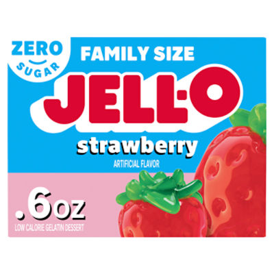 Jell-O Zero Sugar Strawberry Low Calorie Gelatin Dessert Family Size, 0.6 oz