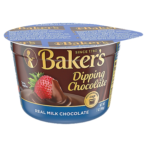 Baker's Real Milk Dipping Chocolate, 7 oz Cup
Baker's Dipping Chocolate Microwavable Cup is made with real milk chocolate for a smooth, creamy finish that elevates any snack with chocolaty goodness. America's favorite baking chocolate since 1780, Baker's is an ideal chocolate to use for dipping fresh fruit, dried fruit, peanuts, marshmallows, cookies and more. Serve chocolate covered strawberries at your next family get-together, or treat the kids to a frozen chocolate banana. This dipping chocolate heats easily in the microwave in just minutes, and you can dip your snacks right into the cup! Store leftover chocolate in the refrigerator for up to 2 weeks. The convenient 7 ounce cup is microwave-safe for easy heating and serving.

• One 7 oz. Baker's Dipping Chocolate Microwavable Cup
• Baker's Dipping Chocolate Microwavable Cup is made with real milk chocolate
• America's favorite baking chocolate since 1780
• Microwavable milk chocolate for dipping
• Use for dipping nuts, pretzels, dried fruits and more
• Make chocolate dipped strawberries or bananas
• Simply heat and dip
• Great for those keeping Kosher
• Convenient microwave-safe cup for easy heating