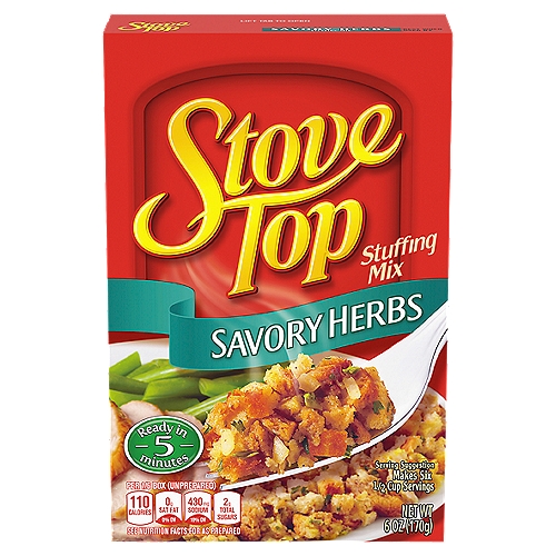 Make any family dinner something to celebrate with Kraft Stove Top Savory Herbs Stuffing Mix. A blend of fresh baked bread crumbs packed with real herbs and spices is the perfect pairing for your main course and brings a soft, fluffy texture in every forkful. Each box comes packed with a dry, pre-seasoned stuffing mix. Simply add water and butter or margarine for a savory herb stuffing that tastes like it was made from scratch! Can easily be made in the microwave as well. Delicious served as is alongside your holiday dinner or in recipes such as spinach-stuffed mushrooms. Each 6 ounce box of this easy stuffing makes six servings and can be enjoyed stuffed in your Thanksgiving turkey or as an addition to any meal year round.nn• One 6 oz. box of Kraft Stove Top Savory Herbs Stuffing Mixn• Share the savory goodness of Kraft Stove Top Savory Herbs Stuffing Mix with your familyn• Each box includes a dry, fully seasoned herb stuffing mixn• Made with real herbs and spicesn• Use it for recipes such as Stove Top Easy Chicken Bake or Spinach-Stuffed Mushroomsn• Versatile pantry staple; can be enjoyed as stuffing or as an ingredient in many dishesn• Boxed stuffing ready in just 5 minutesn• 110 calories per serving and 6 servings per packagen• Serve it as the perfect stuffing side at any family meal
