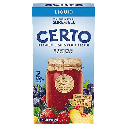 Certo Premium Liquid Fruit Pectin, 2 count, 6 fl oz
Handcraft your own fresh preserves with Certo premium liquid fruit pectin!

Certo Premium Liquid Fruit Pectin is made with pectin from real fruit and can be used to make traditional cooked or quick-and-easy freezer jam and jelly recipes.

What's the difference between using liquid pectin and dry pectin?
Certo Premium Liquid Fruit Pectin can be added directly to quick-and-easy freezer jams or jellies (see recipe insert for details). Sure-Jell dry pectin must be brought to a boil while stirring constantly to fully dissolve the pectin powder.

For cooked jams and jellies, the difference between using liquid and dry pectin is the order in which the pectin is added to the recipe. Liquid pectin is added after ingredients are brought to a boil. Dry pectin is added to prepared fruit before bringing to a boil or adding other ingredients.
