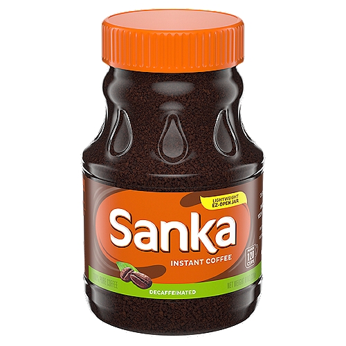 Sanka Decaf Instant Coffee, 8 oz Jar
Sanka Decaffeinated Instant Coffee delivers superb flavor without the caffeine. This decaffeinated coffee is 99.7% caffeine free so you can relax and rest easy. Add one teaspoon of Sanka decaffeinated instant coffee to 6 fluid ounces of boiling water and stir. To prepare in your microwave, mix decaf coffee and 3/4 cup of cold water in a large microwave-safe cup or mug, then heat it on high for two minutes or until steaming hot. Use more or less coffee to suit your taste. Close the jar tightly after each use, and refrigerate to best preserve flavor.

• One 8 oz. jar of Maxwell House Sanka Decaffeinated Instant Coffee
• Sanka Decaffeinated Instant Coffee is America's first brand of decaffeinated coffee
• This decaf coffee boasts bold flavors and aromas, a delightful balance between acidity and body
• Decaffeinated coffee lets you enjoy the flavor without staying up all night
• Just add Sanka decaffeinated instant coffee to hot water and enjoy
• Screw-top jar locks in the decaf instant coffee flavor
• Certified Kosher instant coffee