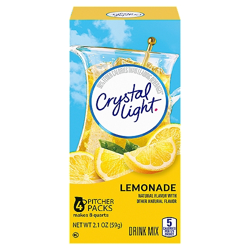 Crystal Light Lemonade Drink Mix, 4 count, 2.1 oz
90% Fewer Calories than Leading Beverage*
*Per 12 Fl Oz Beverage, This Product 5 Calories; Leading Beverages 100 Calories.