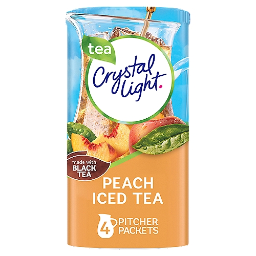 Crystal Light Artificially Flavored Peach Iced Tea Powdered Drink Mix is a refreshing beverage you can enjoy at any time of day. With zero grams of sugar and only 5 calories per serving, Crystal Light is a sweet alternative to juice and soda and has 90 percent fewer calories than leading beverages (this product 5 calories, leading beverages 70 calories), so you don't have to choose between taste and calories. It's also made with real black tea for a refreshingly smooth taste. Each pitcher packet of powdered iced tea mix in this 4 count canister is perfectly portioned to make 2 quarts or 1 pitcher of Crystal Light, so there's plenty to share with family and friends. Simply mix one iced tea packet with 8 cups or 2 quarts of water, stir, and enjoy! All the flavor and only 5 calories... just the way you like it.nn• One 4 ct. canister of Crystal Light Artificially Flavored Peach Iced Tea Powdered Drink Mixn• Crystal Light Artificially Flavored Peach Iced Tea Powdered Drink Mix delivers low calorie refreshmentn• Each pitcher packet makes 5 servings or one 2-quart pitchern• Made with zero sugar and 5 calories per serving for guilt-free refreshmentn• Made with real black tean• 90 percent fewer calories than leading beverages; this product 5 calories, leading beverages 70 caloriesn• Comes in a variety of sizes for all your beverage needs
