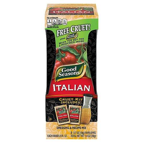 Good Seasons Italian Dressing & Recipe Seasoning Mix with Free Cruet Kit, 2 ct Packets
Good Seasons Italian Dry Salad Dressing and Recipe Mix delivers succulent mouth-watering dressing with the authentic taste of Italian cuisine. This is a well-balanced dry Italian dressing mix with herbs and spices for a delicious made-from-scratch taste. Each Italian dressing packet is perfectly suited for creating your own unique marinades, sauces and dips. Easy to make, just combine packet, vinegar, water and oil for the perfect blend of flavors. You can even make it with red wine vinegar to add more flavor. This Italian dressing mix contains 5 calories per 1 ounce serving. Combine with Worcestershire sauce, seasonings, pretzels and nuts for a fantastic party mix.

• One 1.4 oz. box of Good Seasons Italian Dry Salad Dressing and Recipe Mix
• Good Seasons Italian Dry Salad Dressing and Recipe Mix is the perfect fusion of original ingredients
• A well-balanced dry Italian dressing mix with delicious scratch-made taste
• Italian dressing packets are great for creating unique marinades, sauces, dips and more
• This vinaigrette dressing contains 5 calories per 1 oz. serving
• Great for making Italian pasta salad or a seasoned shrimp pasta salad
• Each pouch is safety-sealed to preserve flavors
• Each packet makes 8 fl. oz. of dressing
• Mixes up with vinegar, water and vegetable oil to make a nice vinaigrette salad dressing