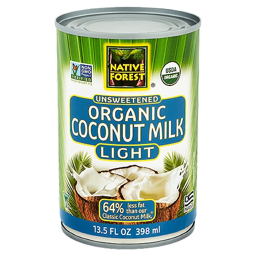 Native Forest Unsweetened Light Organic Coconut Milk, 13.5 fl oz
64% less fat than our Classic Coconut Milk.*
* Comparison of Organic Coconut Milk
Per 1/3 cup: Light: Calories 45; Total fat 5g; Saturated fat 4g
Per 1/3 cup: Classic: Calories 140; Total fat 14g; Saturated fat 13g

In a fertile Thailand valley surrounded by pristine highlands, hundreds of acres of certified organic coconut palm trees flourish. Their organic stewardship enhances biodiversity and nurtures the overall ecology of the region.

We press the meat of fresh organic coconuts to yield an oil-rich extract, which we mix with filtered water and a tiny amount (<1%) of organic guar gum from the guar plant. A staple of many Asian and Caribbean cuisines, coconut milk lends rich and creamy goodness to soups, curries, sauces, desserts and beverages.