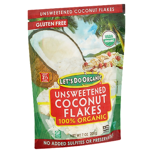 Let's Do Organic 100% Organic Unsweetened Coconut Flakes, 7 oz
On the fertile island nation of Sri Lanka, dedicated farmers tend hundreds of acres of organic coconut palms. Their organic practices enhance biodiversity, conserve water and nurture the ecology of the region.
To create Let's Do Organic® Coconut Flakes, workers carefully separate the rich, white meat from the shells of fresh organic coconuts and slice it into tender, bite-size flakes, which they dry slowly to perfection.
Suitable for vegan, gluten free, Paleo and many other special diets, Let's Do Organic® Coconut Flakes contain no sweeteners, preservatives or whiteners.
They are delicious and versatile ingredients that will enhance your favorite trail mixes, breakfast cereals and baked goods. However you enjoy them, Let's Do Organic® Coconut Flakes are sure to become a family favorite!

Convenience Without Compromise®