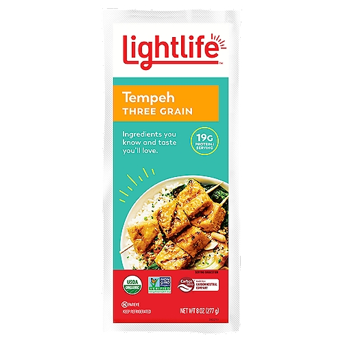Lightlife Three Grain Organic Tempeh, 8 oz
Equally delicious and nutritious, Lightlife® Three Grain Organic Tempeh is a perfect foundation for healthy vegan and vegetarian dishes. This plant-based vegan protein is made with a blend of brown rice, barley, and millet, delivering a protein- and fiber-rich substitute to meat protein with a naturally savory and nutty flavor. Marinate and grill it on skewers, season and sauté it, add it to stir-fries, or simmer it into a curry. The possibilities are endless. For over 40 years, the Lightlife® brand has been committed to creating delicious and nutritious plant-based meat alternatives and looking for ways to improve the impact we have on the planet.