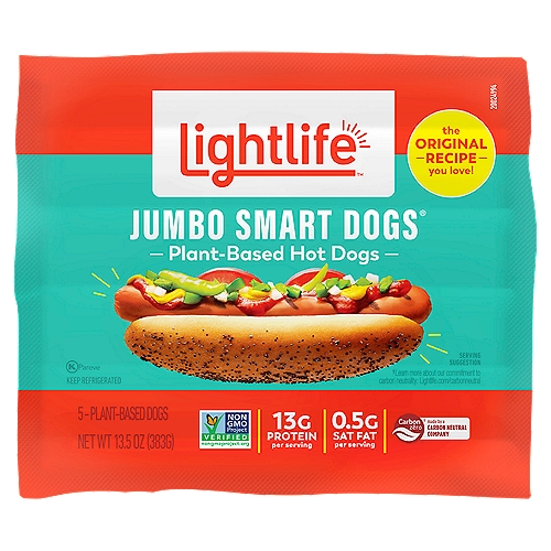 Lightlife Smart Dogs Jumbo Plant-Based Hot Dogs, 5 count, 13.5 oz
Enjoy a plant-based twist on a summertime classic with Lightlife® Smart Dogs® Vegan Jumbo Hot Dogs. Made with plant-based ingredients and an extra-large size that's perfect for barbecues and big appetites, these veggie dogs serve up a delicious taste and texture without the cholesterol found in traditional hot dogs. Enjoy them served in a bun hot off the grill with your favorite condiments and toppings or cook the soy hot dogs on the stove for a quick and tasty protein-packed lunch. For over 40 years, the Lightlife® brand has been committed to creating delicious and nutritious plant-based meat alternatives and looking for ways to improve the impact we have on the planet.

plant based meal, vegetarian meal, plant based protein, plant based meat, veggie dogs, soy hot dogs, vegan hot dogs meat free, vegetarian hot dogs