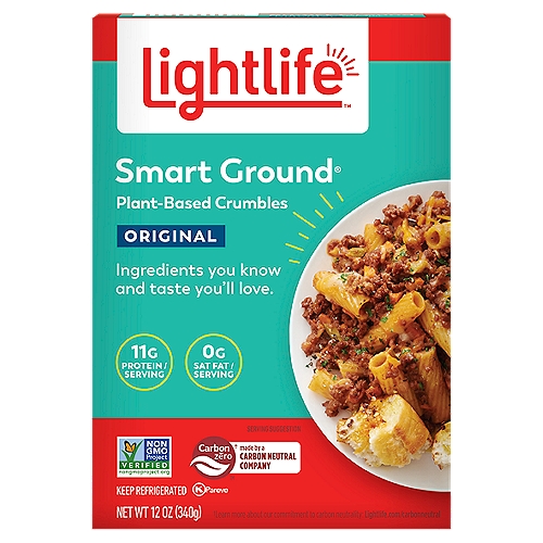 Lightlife Smart Ground Original Plant-Based Crumbles, 12 oz
Lightlife® Smart Ground® Original Plant-Based Beef offers a hearty and delicious vegan alternative to traditional ground beef. This certified vegan plant-based ground beef delivers a protein-rich meat alternative for all your favorite recipes without skimping on flavor. Try Smart Ground® plant-based beef crumbles in chili, pasta sauces, salads, tacos, or any other tasty dish where you would traditionally use ground meat. For over 40 years, the Lightlife® brand has been committed to creating delicious and nutritious plant-based meat alternatives and looking for ways to improve the impact we have on the planet.

plant based meal, vegetarian meal, plant based protein, plant based meat, vegan beef, plant based ground beef, plant based beef