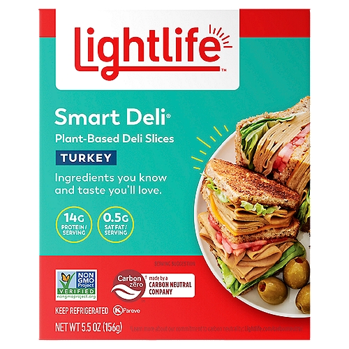 Lightlife Smart Deli Turkey Plant-Based Deli Slices, 5.5 oz
Made with plant-based ingredients, Lightlife® Smart Deli® Vegan Turkey Slices let you enjoy the taste of your favorite deli sandwiches without the guilt. This plant-based vegan meat delivers sandwich satisfaction without the saturated fat and cholesterol found in traditional deli slices, making it a perfect choice for clubs, melts, or simple everyday sandwiches. Enjoy Smart Deli® vegan deli turkey directly from the package as a tasty, responsible, and protein-packed meat substitute the whole family can feel good about eating. For over 40 years, the Lightlife® brand has been committed to creating delicious and nutritious plant-based meat alternatives and looking for ways to improve the impact we have on the planet.

plant based meal, vegetarian meal, plant based protein, plant based meat, turkey deli meat, vegan turkey, vegan turkey slices, vegetarian turkey