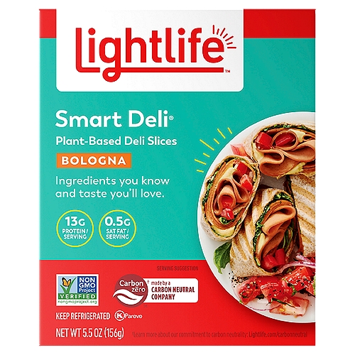 Bring a plant-based twist to your favorite deli sandwiches with Lightlife® Smart Deli® Vegan Bologna. Made with plant-based ingredients, this vegan sandwich meat delivers the taste and texture of classic bologna without the saturated fat and cholesterol found in traditional deli slices. Packed with protein and ready to eat directly from the package, Smart Deli® vegan bologna lunch meat is a tasty and responsible meat substitute the whole family can feel good about eating. For over 40 years, the Lightlife® brand has been committed to creating delicious and nutritious plant-based meat alternatives and looking for ways to improve the impact we have on the planet.nnplant based meal, vegetarian meal, plant based protein, plant based meat, vegan bologna, bologna lunch meat, bologna deli meat, vegetarian bologna