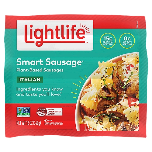 Add a flavorful kick to your next barbecue with Lightlife® Smart Sausages® Vegan Italian Sausage. Packed with flavor and none of the guilt, these meatless sausages are generously seasoned with traditional Italian spices to perk up pastas, onion and pepper dishes, or scrambles as a vegan breakfast sausage. They're also great served in a bun hot off the grill as a quick and tasty protein-rich meal. For over 40 years, the Lightlife® brand has been committed to creating delicious and nutritious plant-based meat alternatives and looking for ways to improve the impact we have on the planet.
