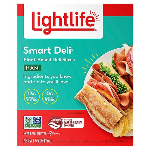 Lightlife Smart Deli Plant-Based Deli Slices Ham, 5.5 oz
Lightlife® Smart Deli® Vegan Ham Slices bring the classic smoky, savory flavor of deli ham to your favorite sandwiches with a plant-based twist. Perfect for hoagies or a croque monsieur, this plant-based vegan meat delivers sandwich satisfaction without the saturated fat and cholesterol found in traditional deli slices. Enjoy Smart Deli® vegan deli ham directly from the package as a tasty, responsible, and protein-packed meat substitute the whole family can feel good about eating. For over 40 years, the Lightlife® brand has been committed to creating delicious and nutritious plant-based meat alternatives and looking for ways to improve the impact we have on the planet.

plant based meal, vegetarian meal, plant based protein, plant based meat, vegan ham, vegan deli ham, vegan ham slices, vegetarian ham