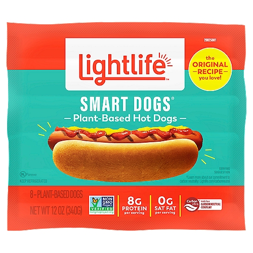 Enjoy a plant-based twist on a summertime classic with Lightlife® Smart Dogs® Vegan Hot Dogs. Made with plant-based ingredients, these veggie dogs serve up a delicious taste and texture without the saturated fat and cholesterol found in traditional hot dogs. Enjoy them served in a bun hot off the grill with your favorite condiments and toppings or cook the soy hot dogs on the stove for a quick and tasty protein-packed lunch. For over 40 years, the Lightlife® brand has been committed to creating delicious and nutritious plant-based meat alternatives and looking for ways to improve the impact we have on the planet.nnplant based meal, vegetarian meal, plant based protein, plant based meat, veggie dogs, soy hot dogs, vegan hot dogs meat free, vegetarian hot dogs