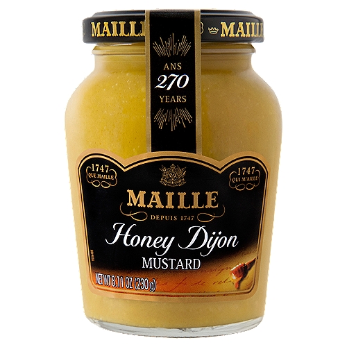 Maille Honey Dijon Mustard, 8.11 oz
Our Maille Honey Dijon mustard is the perfect mix of the luscious flavor of honey and the pungency of mustard seeds. Maille Honey Dijon is a go-to mustard for your vinaigrettes or to glaze vegetables and roasts for creative food explorers and gourmet palates. Enjoy cooking Maille Honey Dijon with vegetables, meats and fish marinades. Also bring your cheese and charcuterie plate to the next level by adding the tangy accent of Maille Honey Dijon mustard. For your grilling and BBQ occasion, celebrate with Maille Honey Dijon mustard to play on the sweet and spicy mustard trend. Discover our range of flavors with Maille Dijon Originale mustard, Maille Old Style mustard, Maille Rich Country mustard, Maille Horseradish mustard and elevate your everyday meal to a culinary experience. At Maille, we believe firmly that the right ingredients can truly define a meal. With Maille's exceptional taste, just a spoon can turn any food into a culinary experience! The versatility of Maille is the best kept secret to enhance any dish, bringing excitement to your veggies, whole grains and lean protein like fish and chicken. For over 270 years, we have been cherishing the resources - the land, the people, and their knowledge - that make our delicious mustard varieties possible. Established by Antoine-Claude Maille in 1747, the house of Maille was the official supplier to the Kings of France and many European Royal Courts. Don't Make It. Master It.