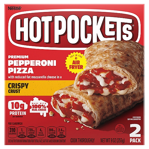 Hot Pockets Premium Pepperoni Pizza Crispy Crust Sandwiches, 2 count, 9 oz
Premium Pepperoni Pizza with Reduced Fat Mozzarella Cheese in a Crispy Crust
