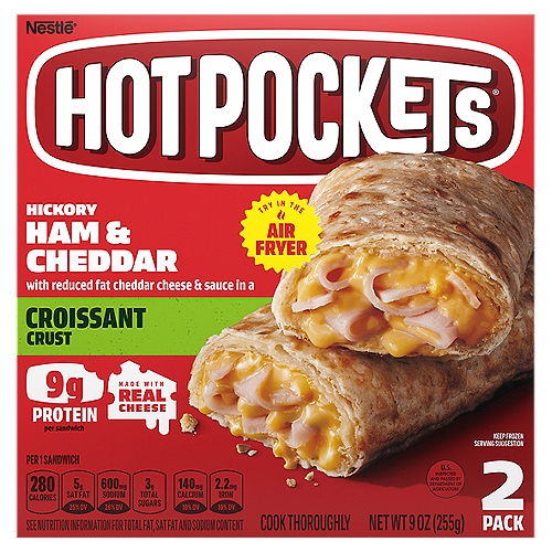 Hot Pockets Hickory Ham & Cheddar Croissant Crust Sandwiches, 2 count, 9 oz
Hickory Ham & Cheddar with Reduced Fat Cheddar Cheese & Sauce in a Croissant Crust
